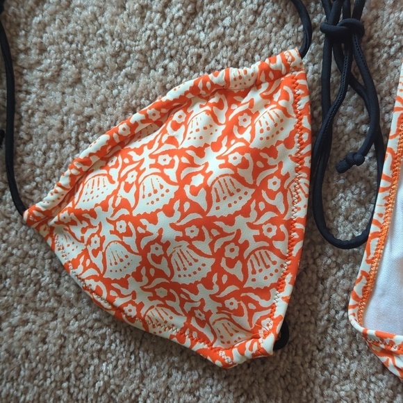 American Eagle Outfitters Orange & Cream String Bikini w Black Beaded Ties L/XL - Picture 2 of 11